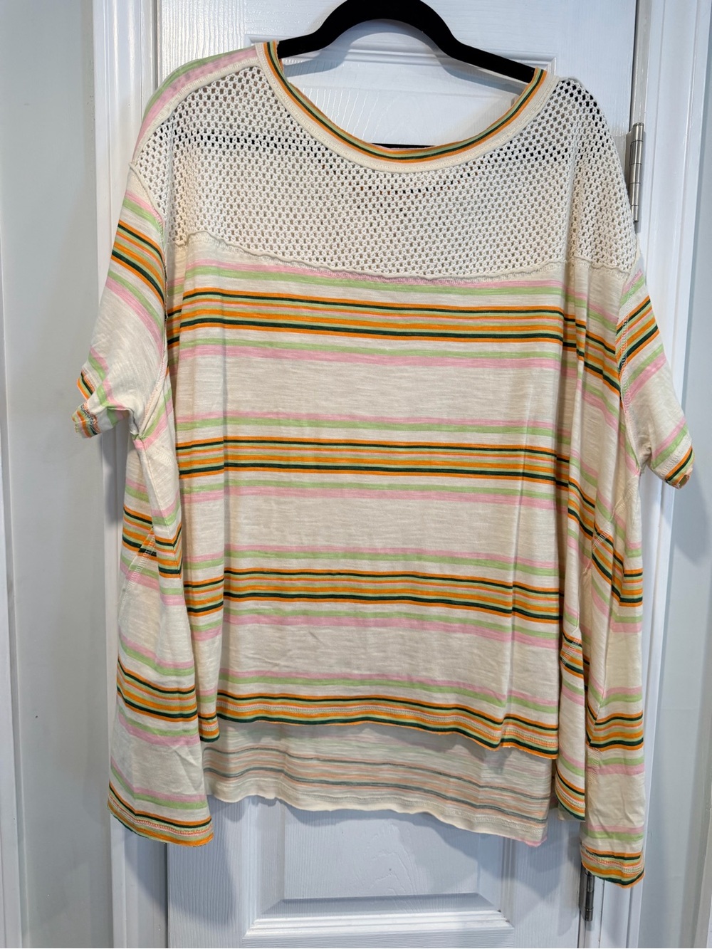 NWOT We The Free Size XL Striped Crochet Panel Boho Top Cotton Short Sleeve